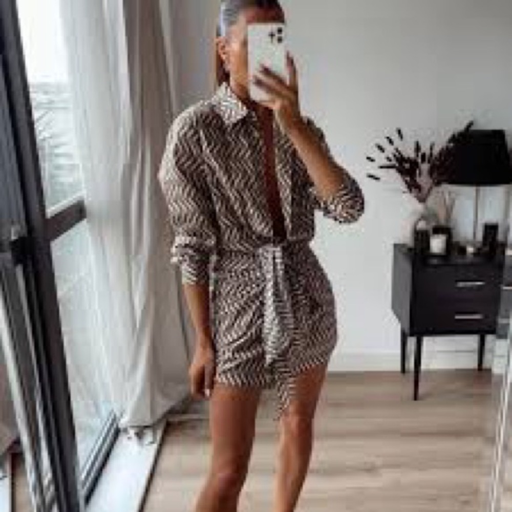 Brown and Cream Patterned Wrap Dress
